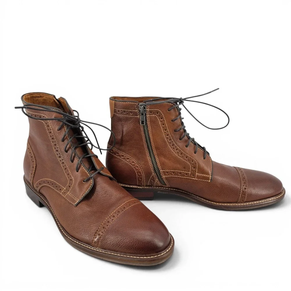 Johnston & Murphy Mens 10 Brown Leather Cap Toe Lace Up Boots Sheepskin EUC